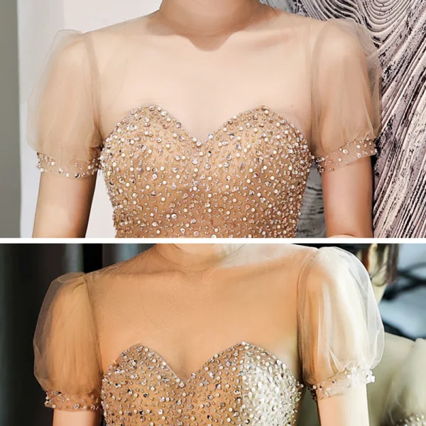 Vintage / Retro Gold See-through Dancing Prom Dresses 2021 A-Line / Princess High Neck Short Sleeve Beading Rhinestone Floor-Length / Long Ruffle Backless Formal Dresses