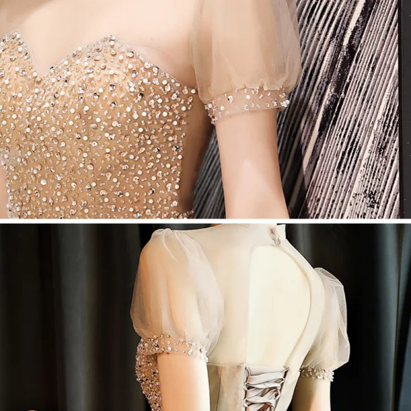 Vintage / Retro Gold See-through Dancing Prom Dresses 2021 A-Line / Princess High Neck Short Sleeve Beading Rhinestone Floor-Length / Long Ruffle Backless Formal Dresses