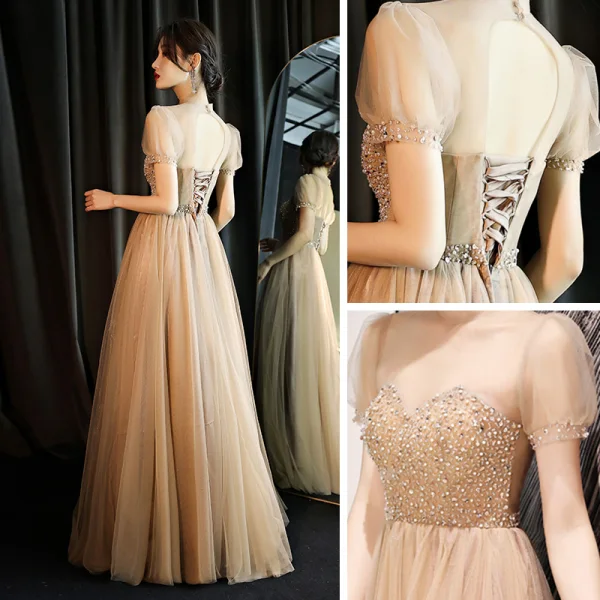 Vintage / Retro Gold See-through Dancing Prom Dresses 2021 A-Line / Princess High Neck Short Sleeve Beading Rhinestone Floor-Length / Long Ruffle Backless Formal Dresses