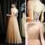 Vintage / Retro Gold See-through Dancing Prom Dresses 2021 A-Line / Princess High Neck Short Sleeve Beading Rhinestone Floor-Length / Long Ruffle Backless Formal Dresses