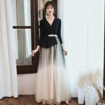 Vintage Originale Noire Dégradé De Couleur Dansant Robe De Bal 2021 Princesse V Cou Sans Manches Ceinture Étoile Paillettes Tulle Longue Volants Robe De Ceremonie
