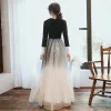 Vintage / Retro Black Gradient-Color Dancing Prom Dresses 2021 A-Line / Princess V-Neck Sleeveless Sash Star Sequins Tulle Floor-Length / Long Ruffle Formal Dresses