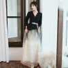 Vintage / Retro Black Gradient-Color Dancing Prom Dresses 2021 A-Line / Princess V-Neck Sleeveless Sash Star Sequins Tulle Floor-Length / Long Ruffle Formal Dresses