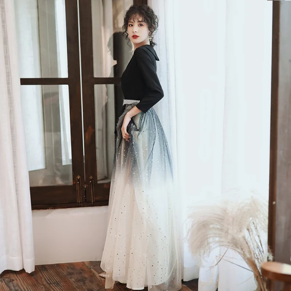 Vintage / Retro Black Gradient-Color Dancing Prom Dresses 2021 A-Line / Princess V-Neck Sleeveless Sash Star Sequins Tulle Floor-Length / Long Ruffle Formal Dresses