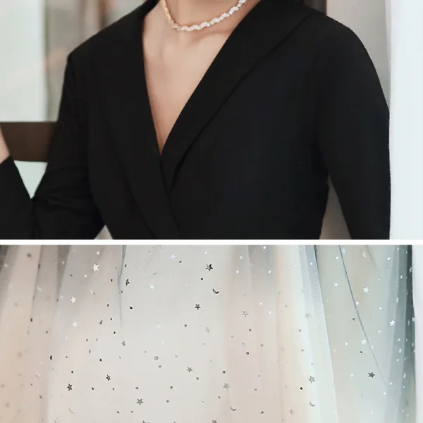 Vintage / Retro Black Gradient-Color Dancing Prom Dresses 2021 A-Line / Princess V-Neck Sleeveless Sash Star Sequins Tulle Floor-Length / Long Ruffle Formal Dresses