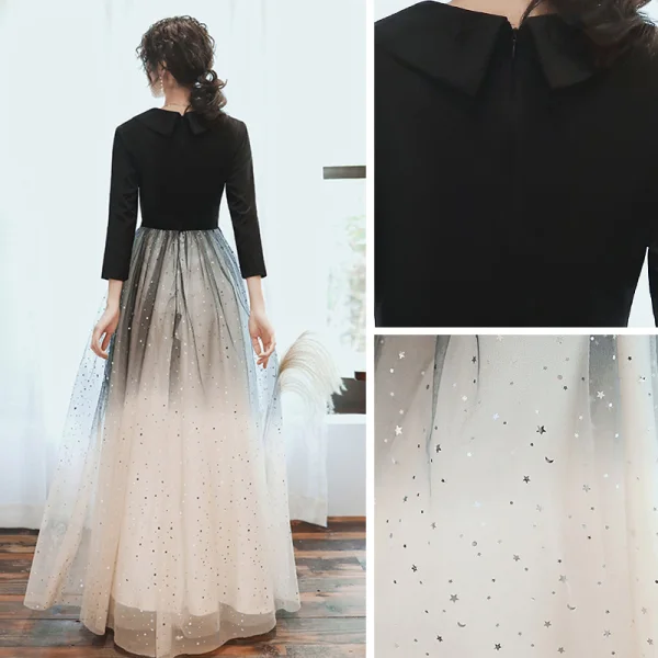 Vintage / Retro Black Gradient-Color Dancing Prom Dresses 2021 A-Line / Princess V-Neck Sleeveless Sash Star Sequins Tulle Floor-Length / Long Ruffle Formal Dresses