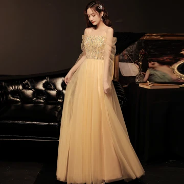 Chic Beautiful Champagne Dancing Prom Dresses 2021 A Line Princess Spaghetti Straps Short Sleeve Sequins Floor Length Long Ruffle Backless Formal Dresses