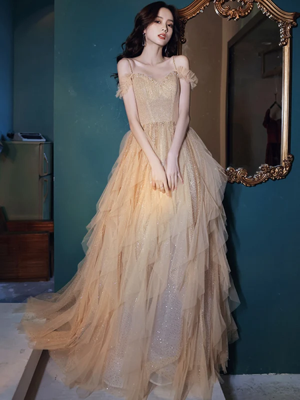 Sparkly Champagne Dancing Prom Dresses 2021 A-Line / Princess Spaghetti Straps Short Sleeve Beading Glitter Tulle Floor-Length / Long Ruffle Backless Formal Dresses
