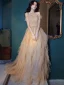 Sparkly Champagne Dancing Prom Dresses 2021 A-Line / Princess Spaghetti Straps Short Sleeve Beading Glitter Tulle Floor-Length / Long Ruffle Backless Formal Dresses