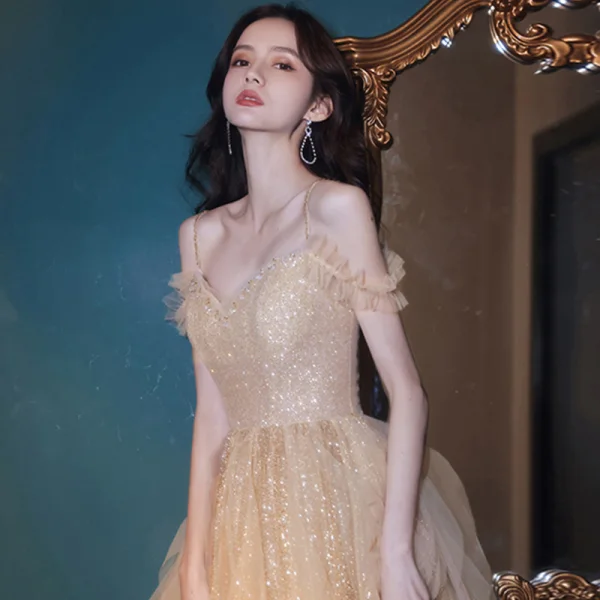 Sparkly Champagne Dancing Prom Dresses 2021 A-Line / Princess Spaghetti Straps Short Sleeve Beading Glitter Tulle Floor-Length / Long Ruffle Backless Formal Dresses