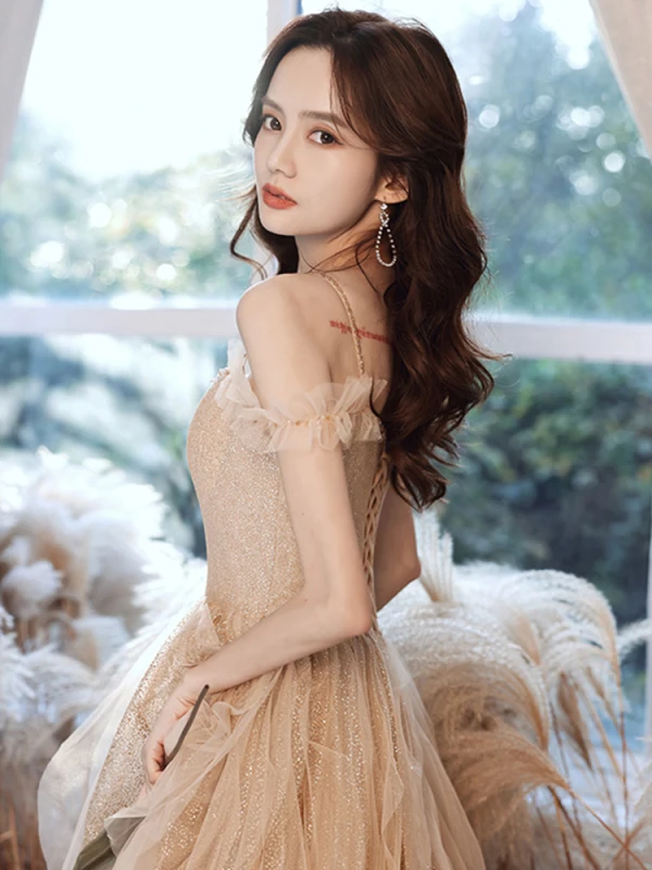 Sparkly Champagne Dancing Prom Dresses 2021 A-Line / Princess Spaghetti Straps Short Sleeve Beading Glitter Tulle Floor-Length / Long Ruffle Backless Formal Dresses