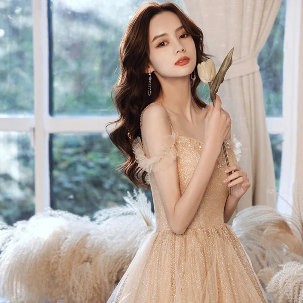 Sparkly Champagne Dancing Prom Dresses 2021 A-Line / Princess Spaghetti Straps Short Sleeve Beading Glitter Tulle Floor-Length / Long Ruffle Backless Formal Dresses