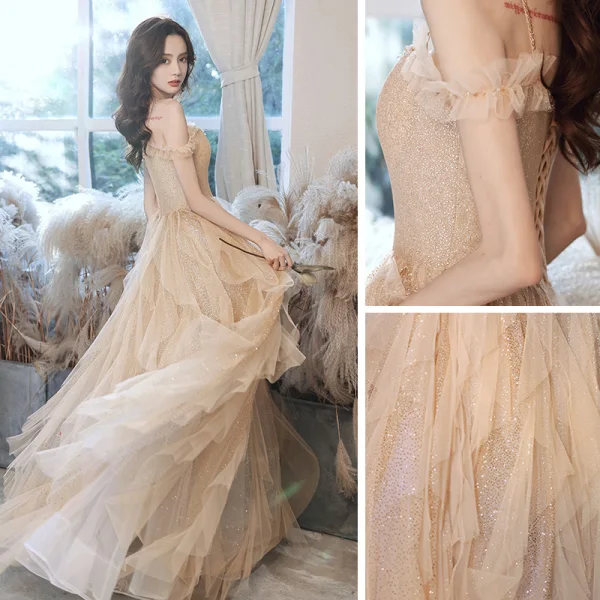 Sparkly Champagne Dancing Prom Dresses 2021 A-Line / Princess Spaghetti Straps Short Sleeve Beading Glitter Tulle Floor-Length / Long Ruffle Backless Formal Dresses