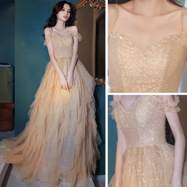 Sparkly Champagne Dancing Prom Dresses 2021 A-Line / Princess Spaghetti Straps Short Sleeve Beading Glitter Tulle Floor-Length / Long Ruffle Backless Formal Dresses