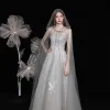 Charming Grey Dancing Prom Dresses With Cloak 2021 A-Line / Princess Strapless Sleeveless Appliques Lace Beading Sequins Glitter Tulle Floor-Length / Long Ruffle Backless Formal Dresses