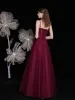 Best Burgundy Engagement Prom Dresses 2021 A-Line / Princess Spaghetti Straps Sleeveless Beading Sequins Glitter Tulle Floor-Length / Long Ruffle Backless Formal Dresses