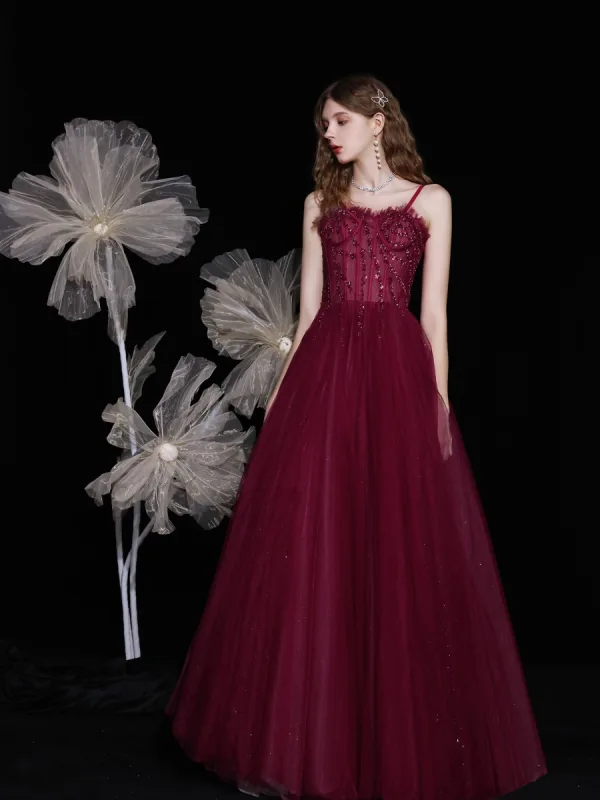 Best Burgundy Engagement Prom Dresses 2021 A-Line / Princess Spaghetti Straps Sleeveless Beading Sequins Glitter Tulle Floor-Length / Long Ruffle Backless Formal Dresses