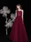 Best Burgundy Engagement Prom Dresses 2021 A-Line / Princess Spaghetti Straps Sleeveless Beading Sequins Glitter Tulle Floor-Length / Long Ruffle Backless Formal Dresses