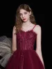 Best Burgundy Engagement Prom Dresses 2021 A-Line / Princess Spaghetti Straps Sleeveless Beading Sequins Glitter Tulle Floor-Length / Long Ruffle Backless Formal Dresses