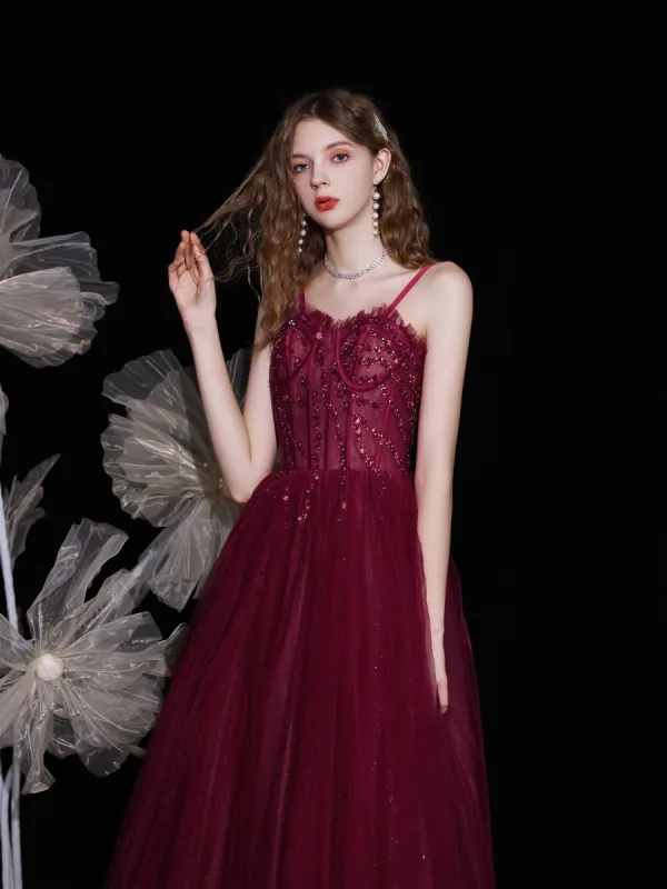 Best Burgundy Engagement Prom Dresses 2021 A-Line / Princess Spaghetti Straps Sleeveless Beading Sequins Glitter Tulle Floor-Length / Long Ruffle Backless Formal Dresses