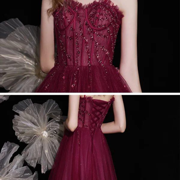 Best Burgundy Engagement Prom Dresses 2021 A-Line / Princess Spaghetti Straps Sleeveless Beading Sequins Glitter Tulle Floor-Length / Long Ruffle Backless Formal Dresses