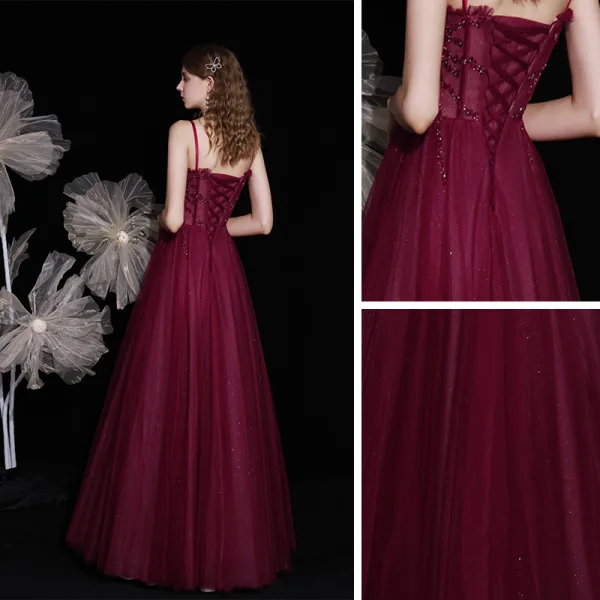 Best Burgundy Engagement Prom Dresses 2021 A-Line / Princess Spaghetti Straps Sleeveless Beading Sequins Glitter Tulle Floor-Length / Long Ruffle Backless Formal Dresses