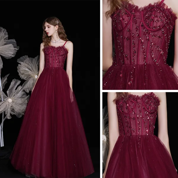 Best Burgundy Engagement Prom Dresses 2021 A-Line / Princess Spaghetti Straps Sleeveless Beading Sequins Glitter Tulle Floor-Length / Long Ruffle Backless Formal Dresses