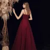 Bling Bling Burgundy Dancing Prom Dresses 2021 A-Line / Princess Spaghetti Straps Sleeveless Beading Floor-Length / Long Ruffle Backless Formal Dresses