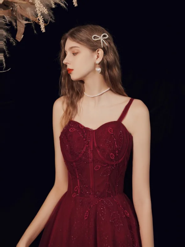 Bling Bling Burgundy Dancing Prom Dresses 2021 A-Line / Princess Spaghetti Straps Sleeveless Beading Floor-Length / Long Ruffle Backless Formal Dresses