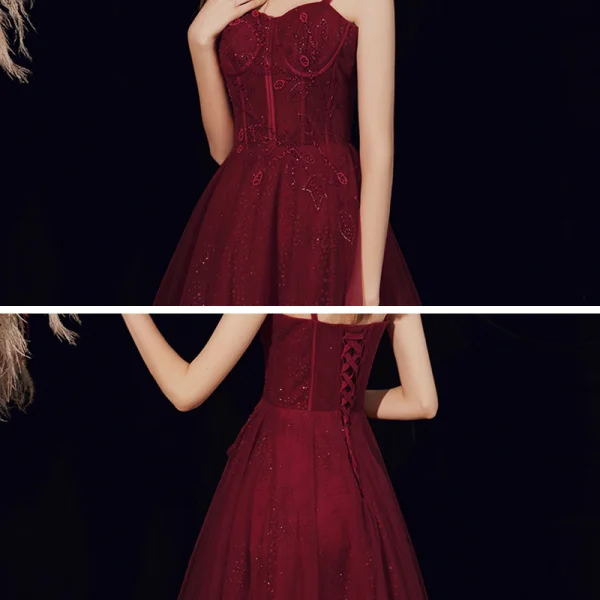 Bling Bling Burgundy Dancing Prom Dresses 2021 A-Line / Princess Spaghetti Straps Sleeveless Beading Floor-Length / Long Ruffle Backless Formal Dresses