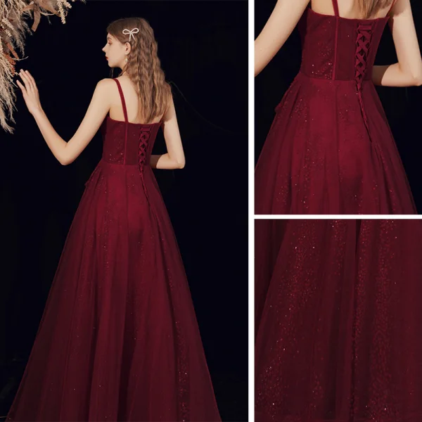 Bling Bling Burgundy Dancing Prom Dresses 2021 A-Line / Princess Spaghetti Straps Sleeveless Beading Floor-Length / Long Ruffle Backless Formal Dresses