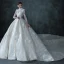Illusion Champagne Transparentes La Mariée Robe De Mariée 2021 Robe Boule Col Haut 3/4 Manches Dos Nu Fait main Perlage Paillettes Cathedral Train Volants