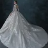 Illusion Champagne See-through Bridal Wedding Dresses 2021 Ball Gown High Neck 3/4 Sleeve Backless Handmade  Beading Sequins Cathedral Train Ruffle