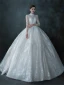 Illusion Champagne Transparentes La Mariée Robe De Mariée 2021 Robe Boule Col Haut 3/4 Manches Dos Nu Fait main Perlage Paillettes Cathedral Train Volants