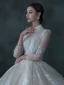 Illusion Champagne Transparentes La Mariée Robe De Mariée 2021 Robe Boule Col Haut 3/4 Manches Dos Nu Fait main Perlage Paillettes Cathedral Train Volants