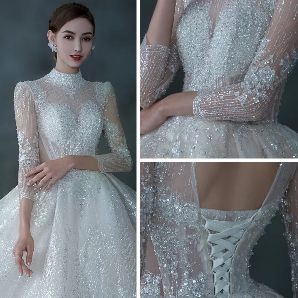 Illusion Champagne Transparentes La Mariée Robe De Mariée 2021 Robe Boule Col Haut 3/4 Manches Dos Nu Fait main Perlage Paillettes Cathedral Train Volants