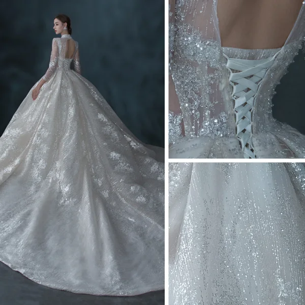 Illusion Champagne Transparentes La Mariée Robe De Mariée 2021 Robe Boule Col Haut 3/4 Manches Dos Nu Fait main Perlage Paillettes Cathedral Train Volants
