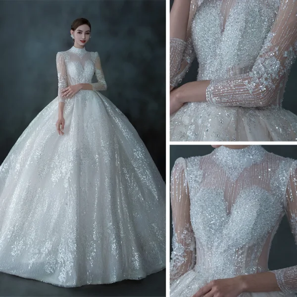 Illusion Champagne Transparentes La Mariée Robe De Mariée 2021 Robe Boule Col Haut 3/4 Manches Dos Nu Fait main Perlage Paillettes Cathedral Train Volants