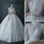 Illusion Champagne Transparentes La Mariée Robe De Mariée 2021 Robe Boule Col Haut 3/4 Manches Dos Nu Fait main Perlage Paillettes Cathedral Train Volants