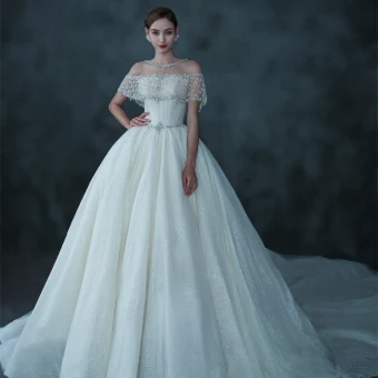 Luxury Gorgeous Champagne See Through Bridal Wedding Dresses 2021 Ball Gown Scoop Neck Short Sleeve Backless Beading Sequins Glitter Tulle Cathedral Train Ruffle