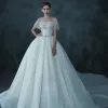 Luksusowe Szampan Przezroczyste ślubna Suknie Ślubne 2021 Suknia Balowa Wycięciem Kótkie Rękawy Bez Pleców Frezowanie Cekiny Cekinami Tiulowe Trenem Katedra Wzburzyć