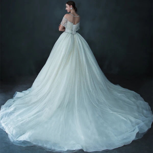 Luxury / Gorgeous Champagne See-through Bridal Wedding Dresses 2021 Ball Gown Scoop Neck Short Sleeve Backless Beading Sequins Glitter Tulle Cathedral Train Ruffle