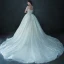 Luxury / Gorgeous Champagne See-through Bridal Wedding Dresses 2021 Ball Gown Scoop Neck Short Sleeve Backless Beading Sequins Glitter Tulle Cathedral Train Ruffle