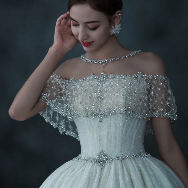 Luxury / Gorgeous Champagne See-through Bridal Wedding Dresses 2021 Ball Gown Scoop Neck Short Sleeve Backless Beading Sequins Glitter Tulle Cathedral Train Ruffle