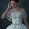 Luksusowe Szampan Przezroczyste ślubna Suknie Ślubne 2021 Suknia Balowa Wycięciem Kótkie Rękawy Bez Pleców Frezowanie Cekiny Cekinami Tiulowe Trenem Katedra Wzburzyć