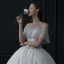 Luxury / Gorgeous Champagne See-through Bridal Wedding Dresses 2021 Ball Gown Scoop Neck Short Sleeve Backless Beading Sequins Glitter Tulle Cathedral Train Ruffle