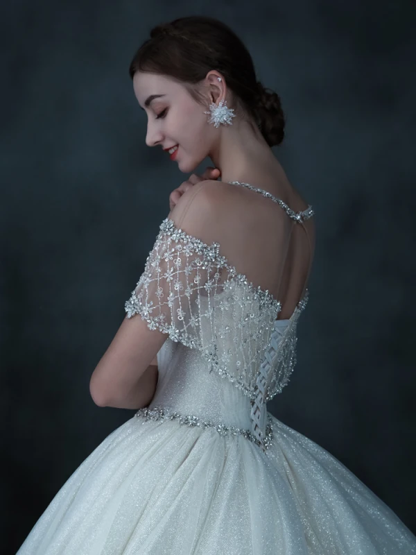Luxury / Gorgeous Champagne See-through Bridal Wedding Dresses 2021 Ball Gown Scoop Neck Short Sleeve Backless Beading Sequins Glitter Tulle Cathedral Train Ruffle