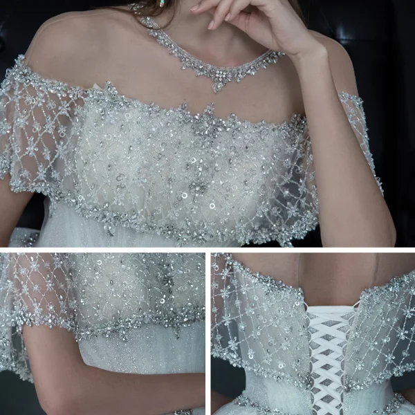 Luxury / Gorgeous Champagne See-through Bridal Wedding Dresses 2021 Ball Gown Scoop Neck Short Sleeve Backless Beading Sequins Glitter Tulle Cathedral Train Ruffle