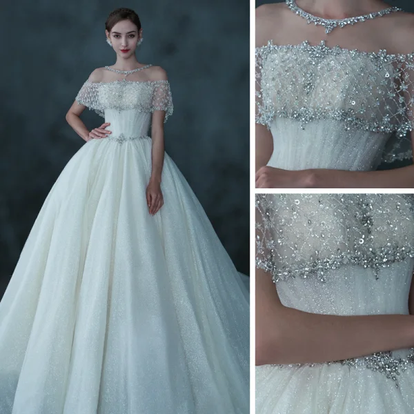 Luxury / Gorgeous Champagne See-through Bridal Wedding Dresses 2021 Ball Gown Scoop Neck Short Sleeve Backless Beading Sequins Glitter Tulle Cathedral Train Ruffle