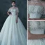 Luxury / Gorgeous Champagne See-through Bridal Wedding Dresses 2021 Ball Gown Scoop Neck Short Sleeve Backless Beading Sequins Glitter Tulle Cathedral Train Ruffle